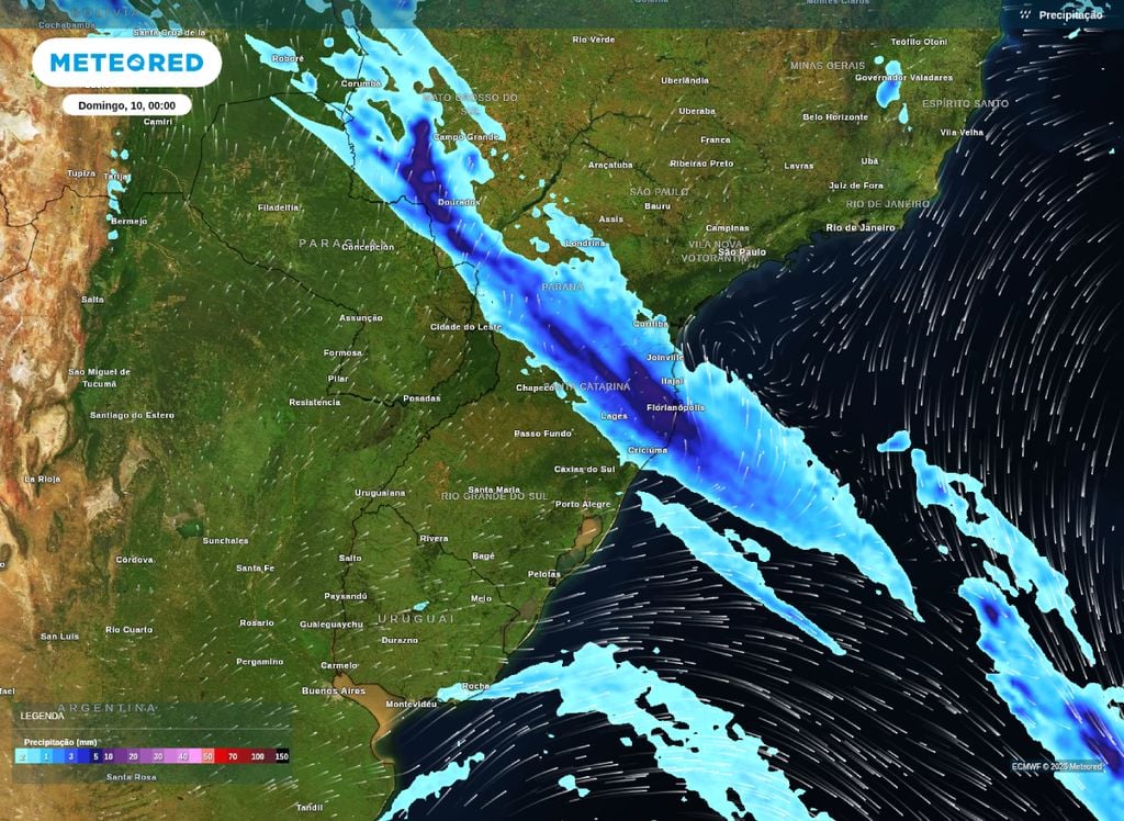 Chuva prevista para o Sul do Brasil na madrugada deste domingo (10).