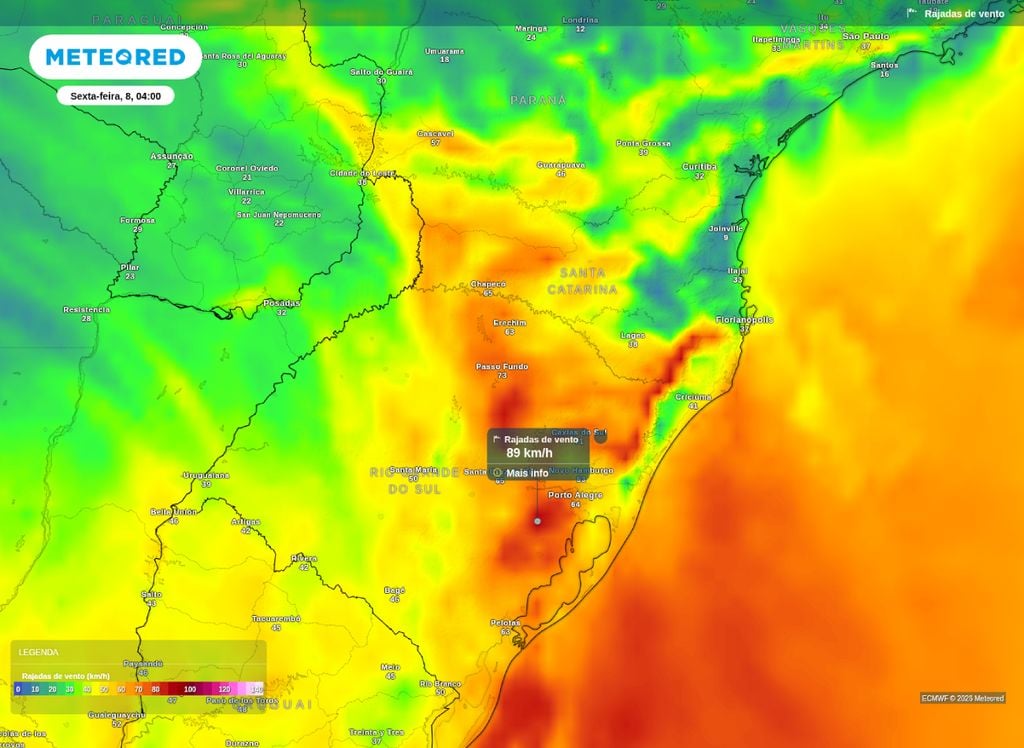 Rajadas de vento superam os 85 km/h no RS e em SC na madrugada de sexta-feira (8).
