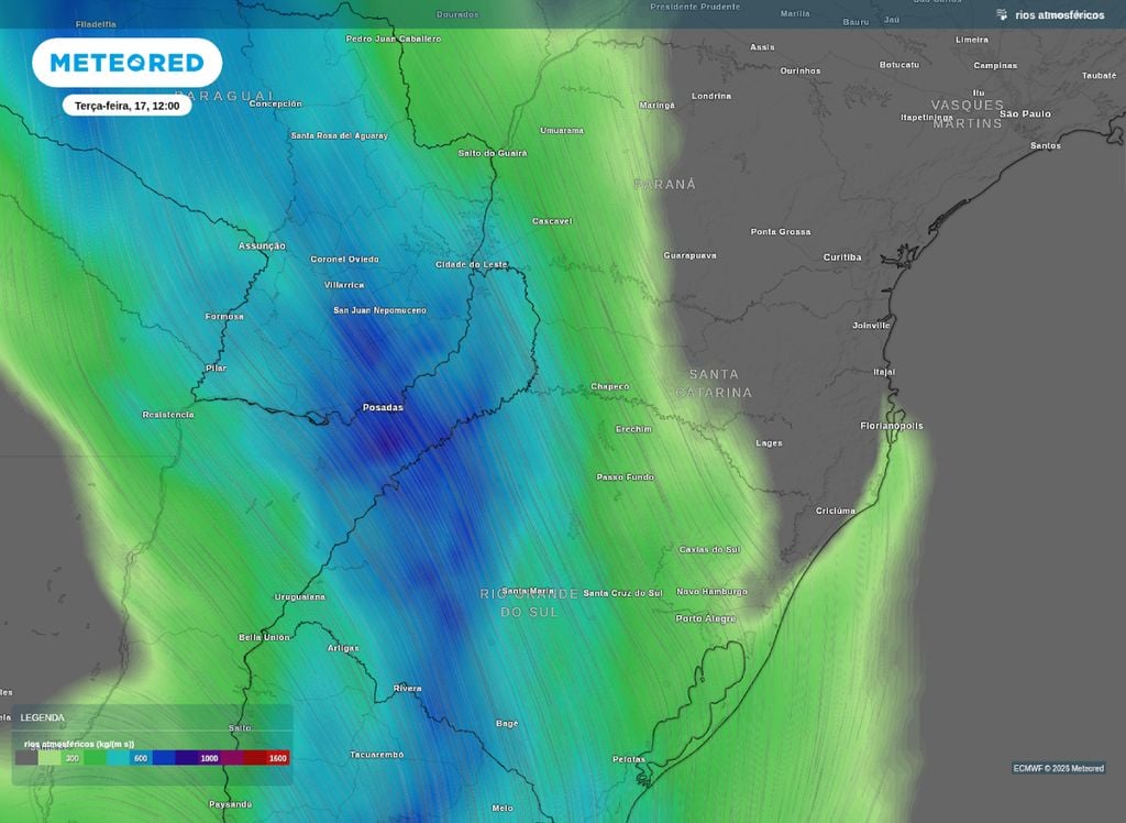 Mapa do corredor de umidade para a tarde desta terça-feira (17) que está representado pelas cores mais escuras no mapa.