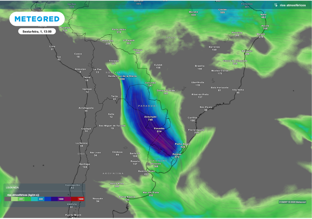 Previsão de rio atmosférico nesta sexta-feira (1), segundo o EMCWF.