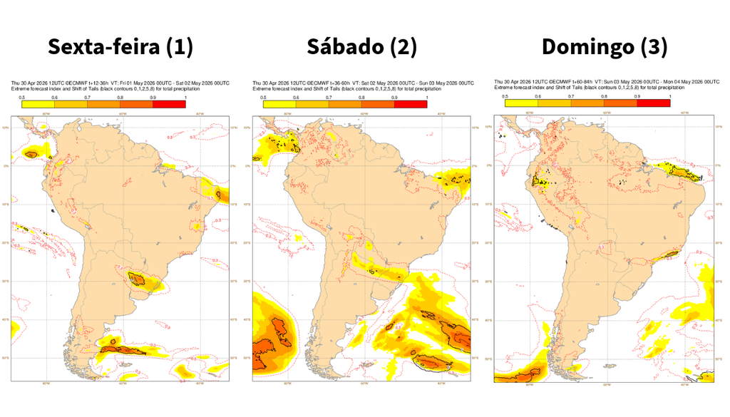 EFI do modelo ECMWF para a precipitação entre sexta (1) e domingo (3). Créditos: Elaborado por Meteored/Fonte: ECMWF.