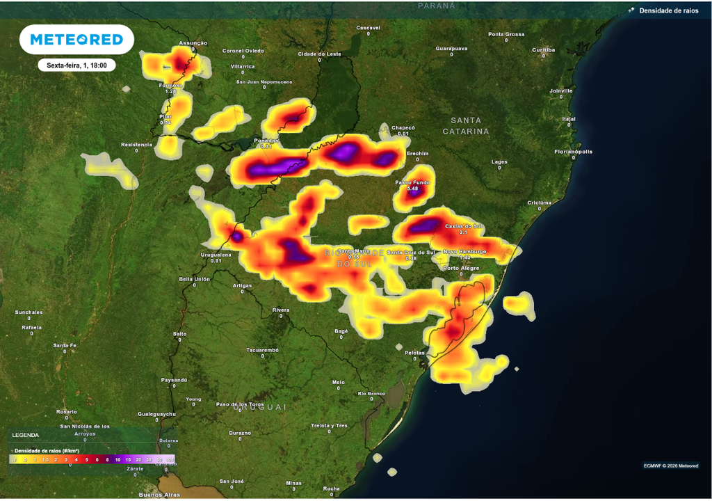 Previsão de tempestades nesta sexta-feira (1), segundo o ECMWF.