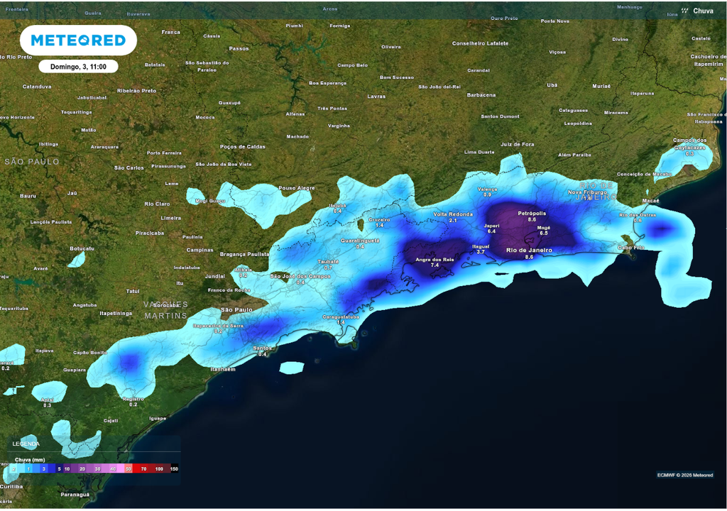 Previsão de chuva para domingo (3), segundo o ECMWF.