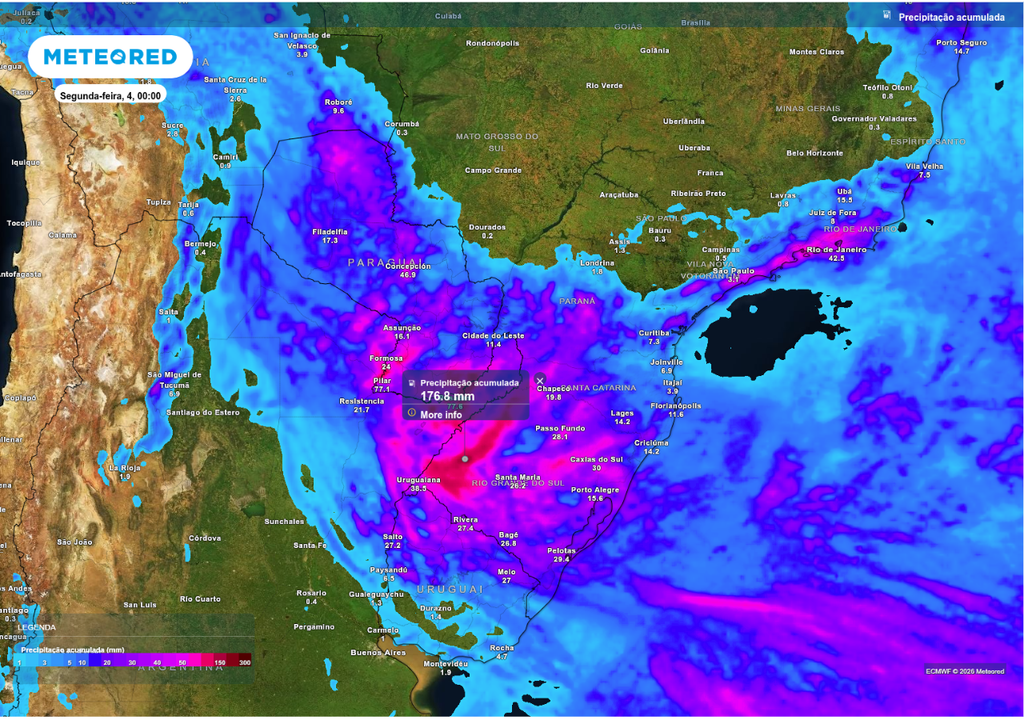 Previsão de chuva acumulada até o final de domingo (3), segundo o ECMWF.