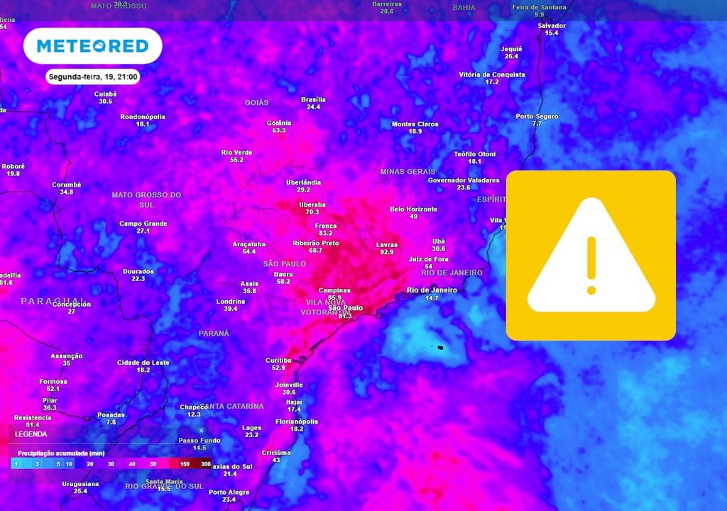 Previsão de acumulados totais de chuva até o final da próxima segunda-feira.