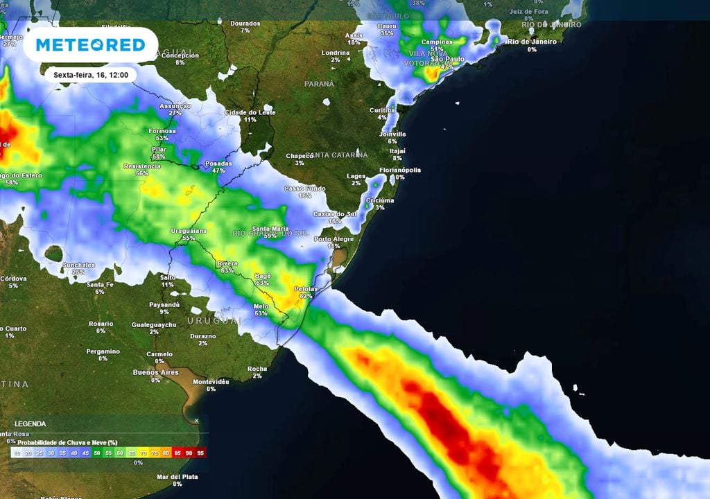 Previsão de probabilidade de chuva na sexta-feira ao meio-dia.