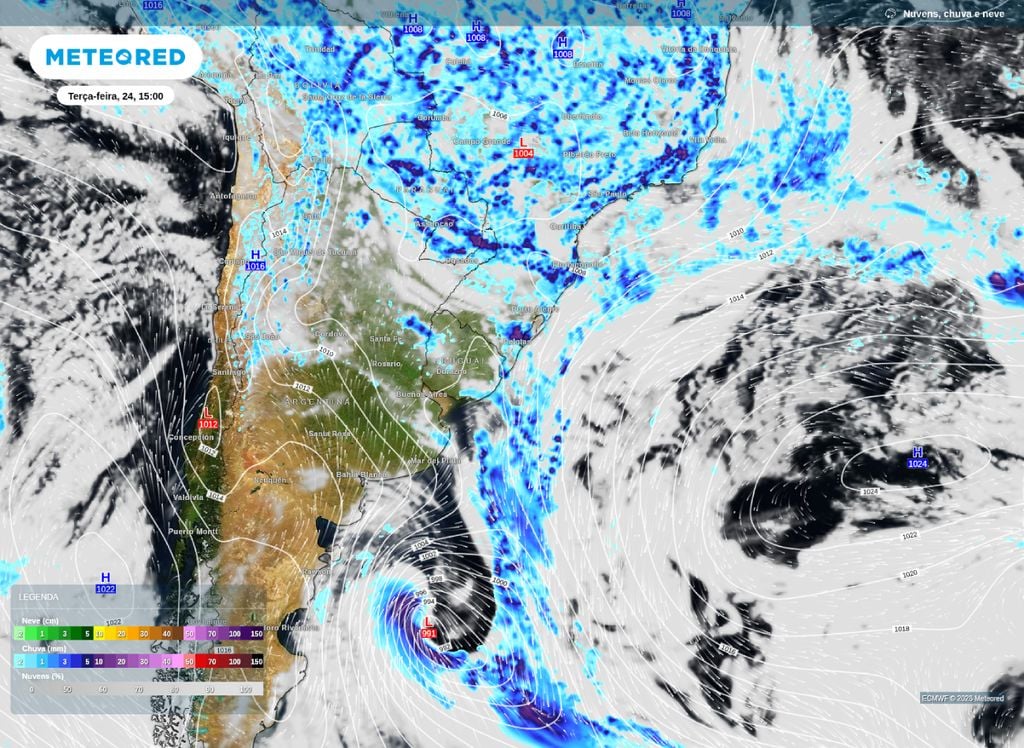 Chuva ganha força após avanço de frente fria sobre o Sul do Brasil nesta terça-feira (24).