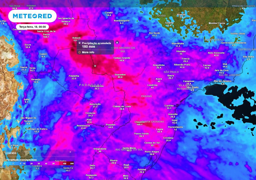 Previsão de acumulados totais de chuva até o final da segunda-feira mostra que diversas cidades apresentarão acumulados superiores a 100 mm, principalmente no MS, onde chove até 180 mm.