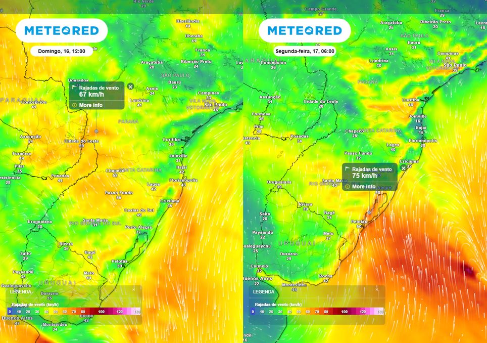 Previsão de rajadas de vento durante a tarde do domingo (esquerda) e manhã da segunda-feira (direita).