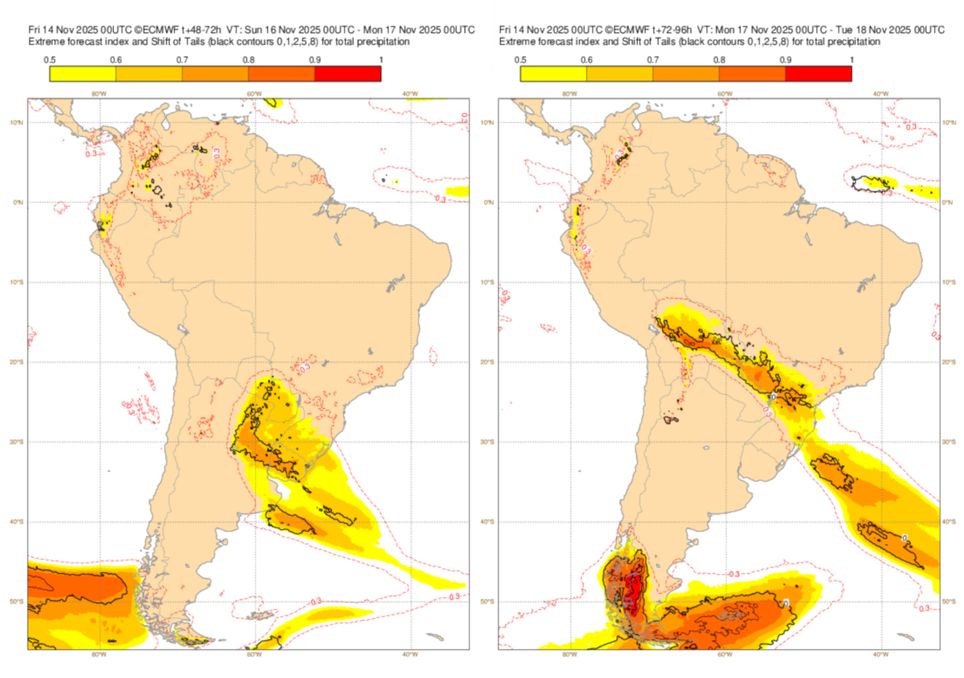 Previsão de Extreme Forecast Index (EFI) para o domingo (esquerda) e segunda-feira (direita).