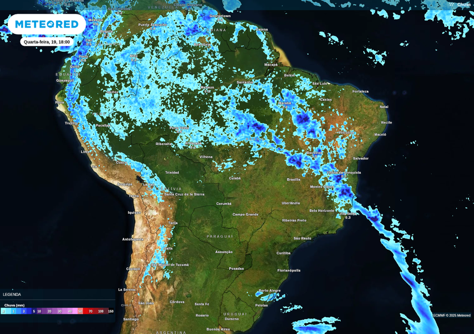Previsão de chuva na quarta-feira (19), de acordo com o ECMWF.