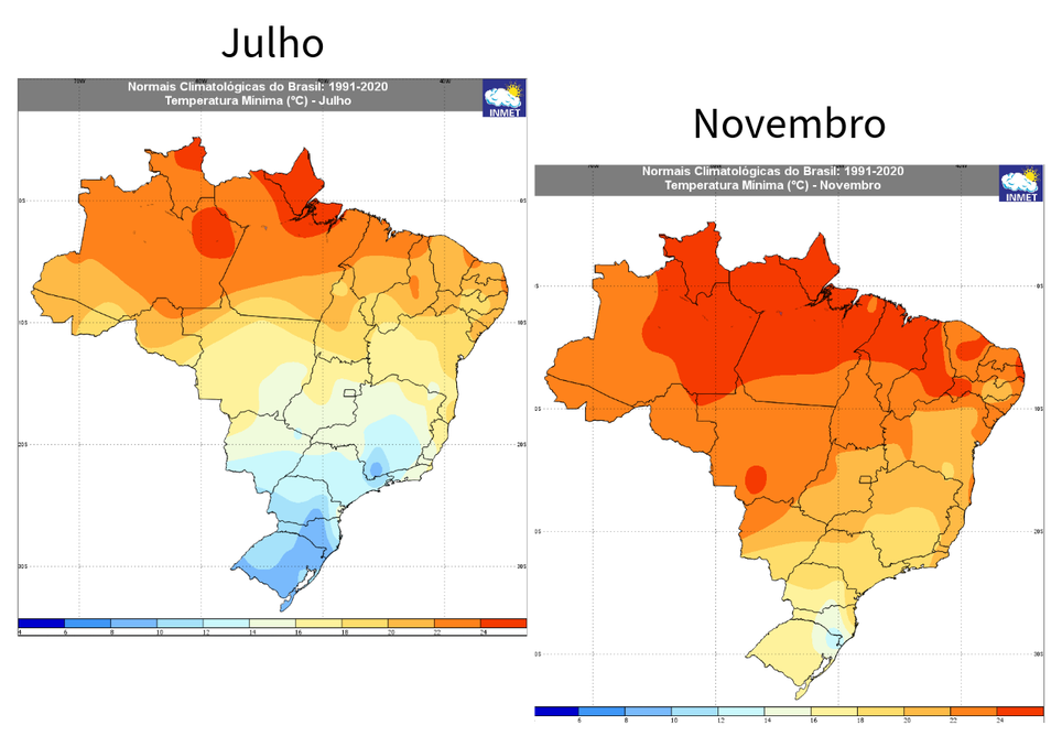 Temperatura mínima média (1991-2020) de julho (esquerda) e novembro (direita). Créditos: Adaptado de INMET.