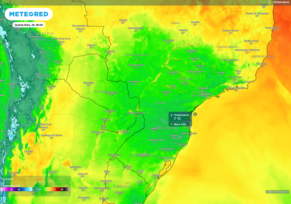 Previsão de temperatura mínima na quarta-feira (19), de acordo com o ECMWF.