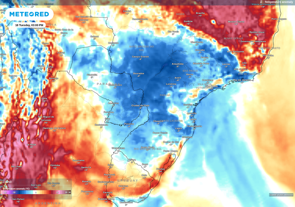 Previsão de anomalia de temperatura máxima na terça-feira (18), de acordo com o ECMWF.