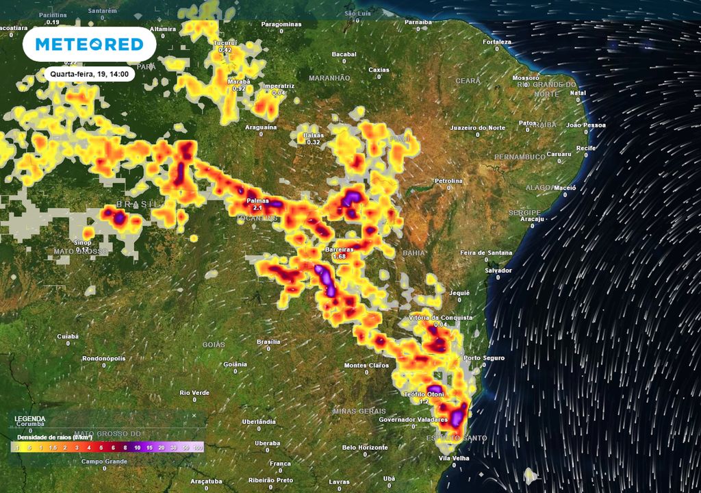 Previsão de densidade de raios na quarta-feira durante a tarde.