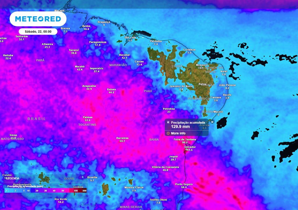 Previsão de acumulados totais de chuva até o final da sexta-feira.