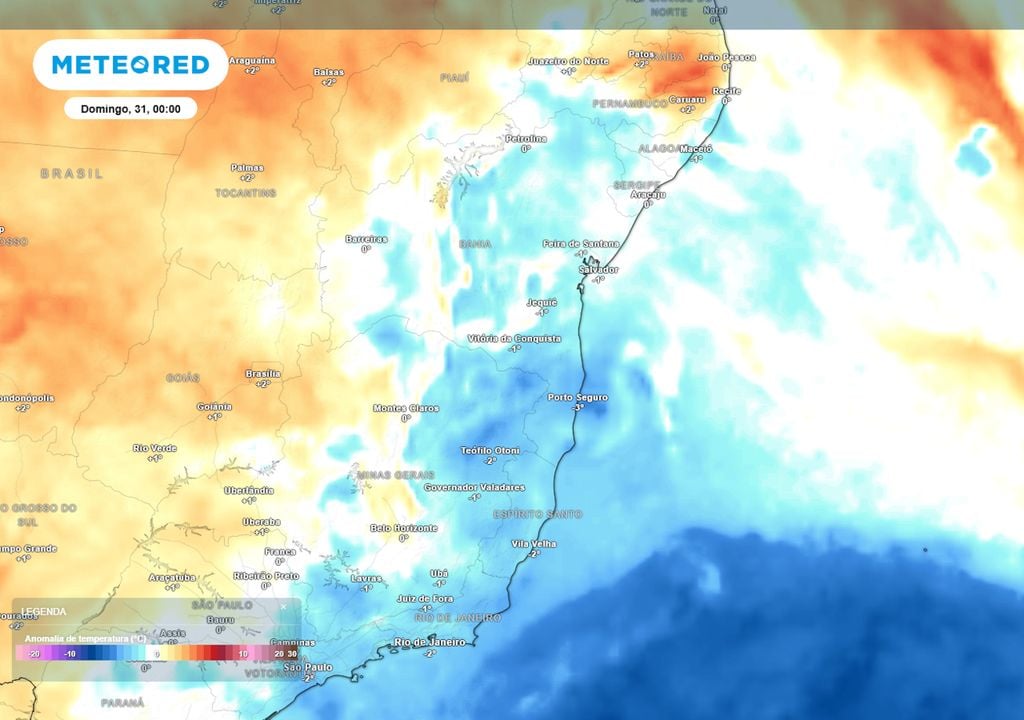 Previsão de anomalias de temperatura em 850 hPa no domingo. Previsão de anomalias de temperatura em 850 hPa mostra uma parte da massa de ar polar chegando até a região Nordeste. O sistema fará as temperaturas caírem em BA, SE, AL e PE.