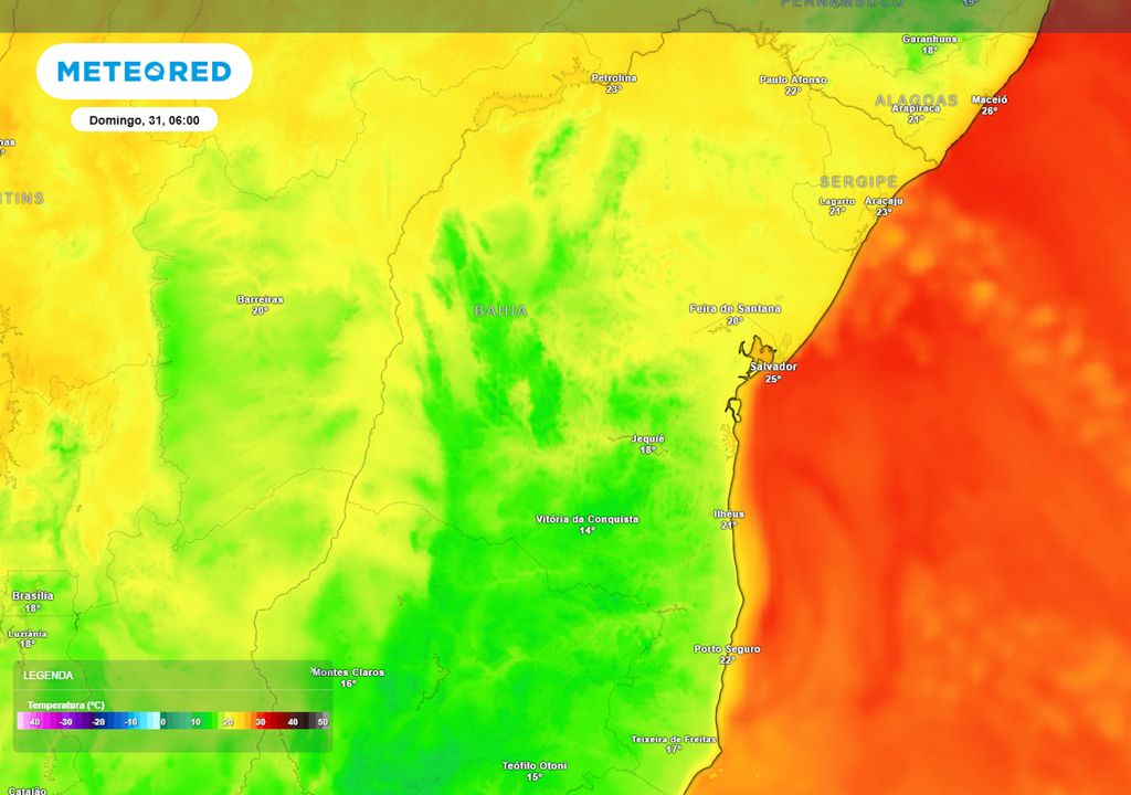 Previsão de temperaturas mínimas na Bahia durante o início da manhã do domingo. Previsão de temperaturas mínimas na Bahia durante o início da manhã do domingo mostra que grande parte do estado registrará mínimas ao redor dos 15°C, chegando a até 12°C.