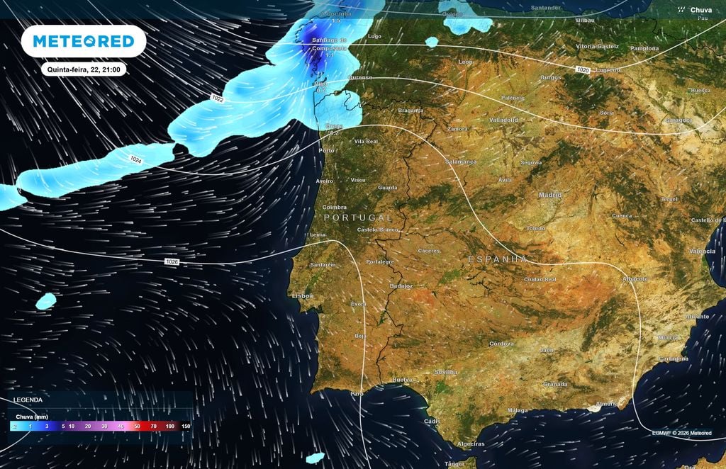 Frente fria aproxima-se do Minho durante a noite de quinta-feira O modelo europeu prevê uma faixa de precipitação a avançar pelo Atlântico, com chuva fraca a atingir setores do extremo noroeste de Portugal continental.