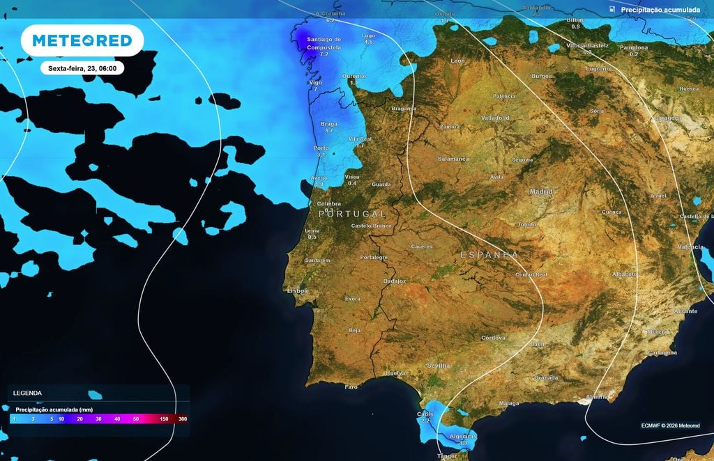 Minho e litoral Norte concentram os maiores acumulados de chuva O ECMWF apresenta acumulados próximos de 4 mm em Braga e de 3 mm no Porto.
