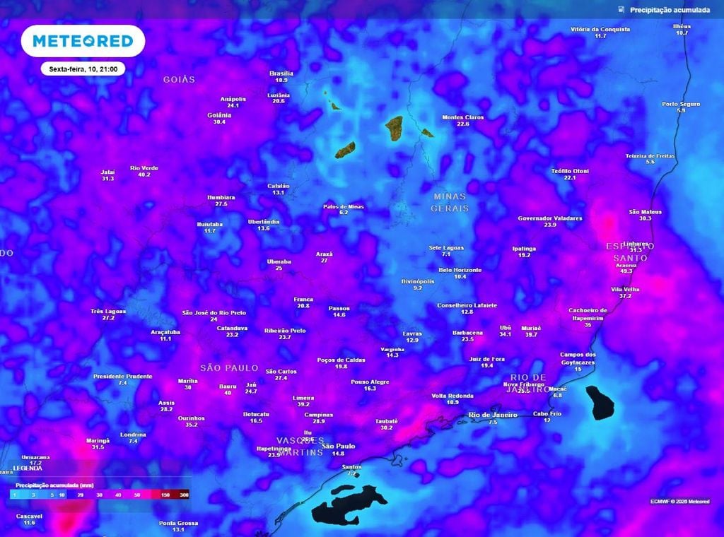 Previsão do acumulado de precipitação (em mm) entre hoje (7) e a noite (21h) de sexta-feira (10), segundo o modelo europeu ECMWF.