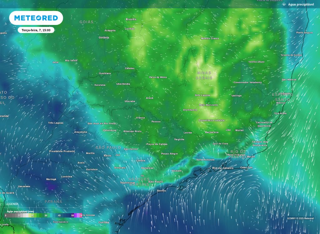 Água disponível para a precipitação na tarde desta terça-feira (7). Água disponível para a precipitação na tarde desta terça-feira (7).