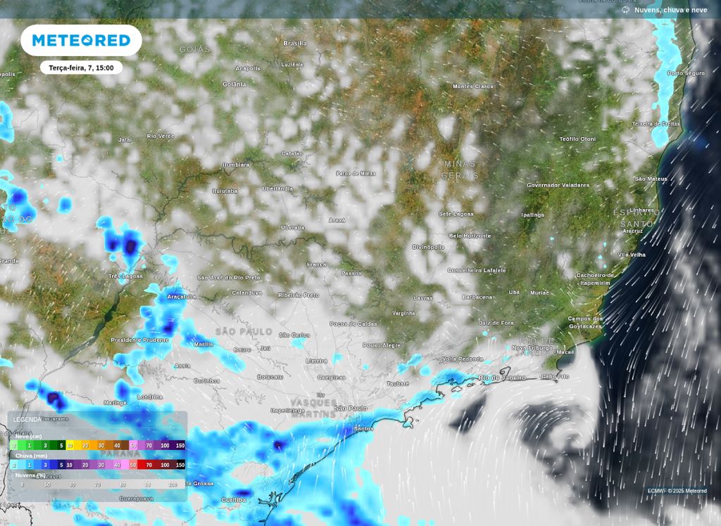 Previsão de precipitação para a tarde de terça-feira (7). Previsão de precipitação para a tarde de terça-feira (7).