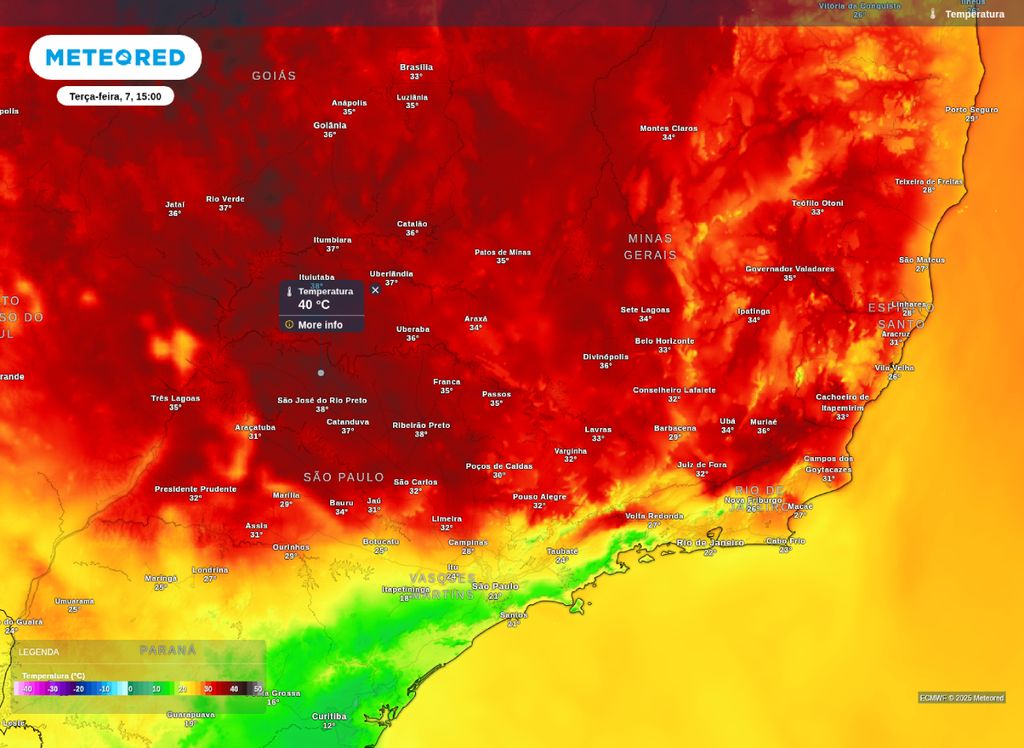 Temperatura máxima prevista para a tarde de terça-feira (7). Temperatura máxima prevista para a tarde de terça-feira (7).