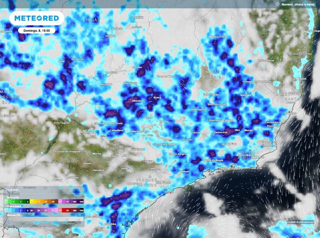 Previsão de precipitação (em mm) para o domingo (8) à tarde (15h), segundo o modelo europeu ECMWF.