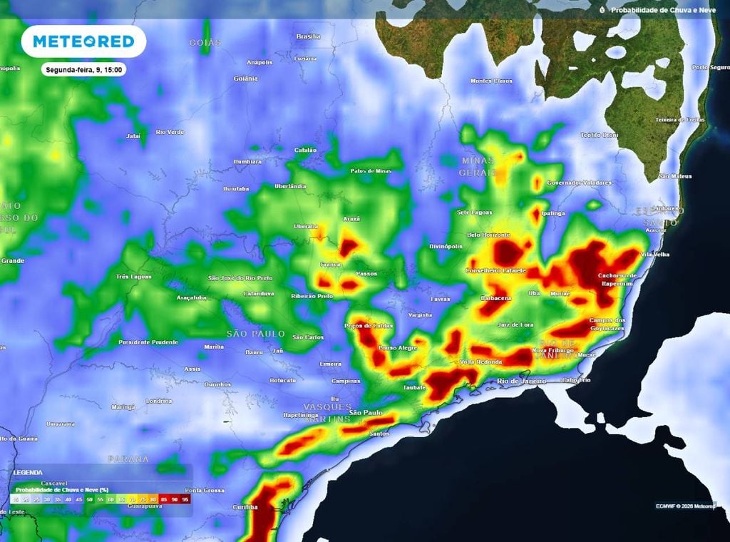 Previsão da probabilidade de precipitação (%) para segunda-feira (9) à tarde (15h), segundo o modelo europeu ECMWF.