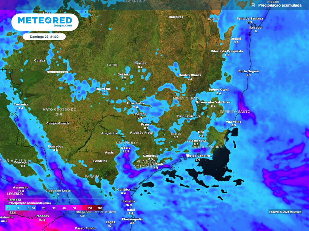 previsão, chuva acumulada, Sudeste