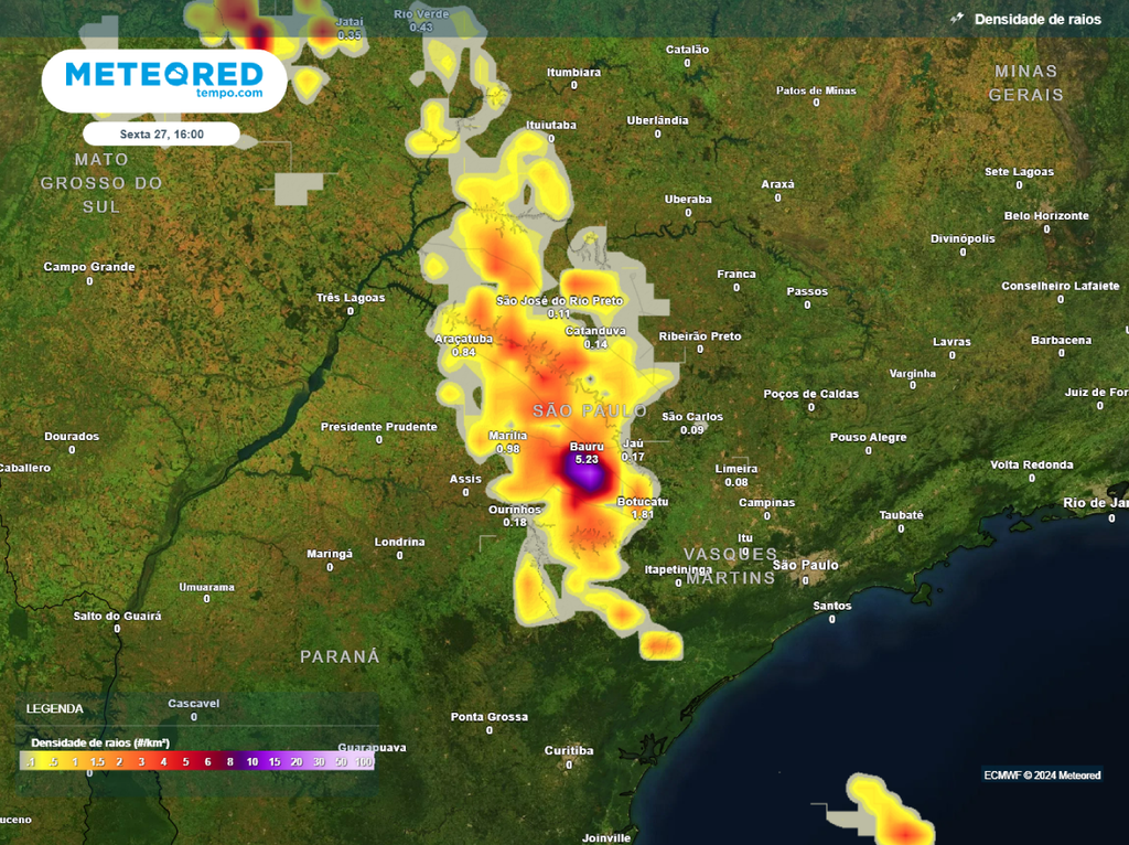 previsão, ecmwf, densidade de raios