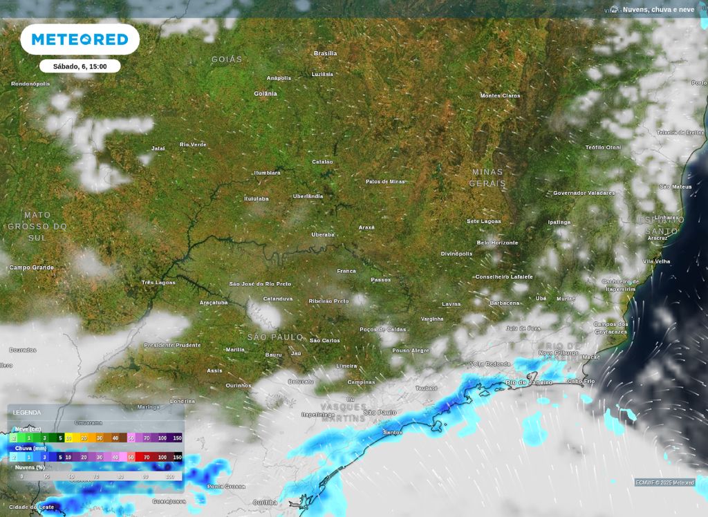 Previsão de nebulosidade e chuva para a tarde de sábado (6).