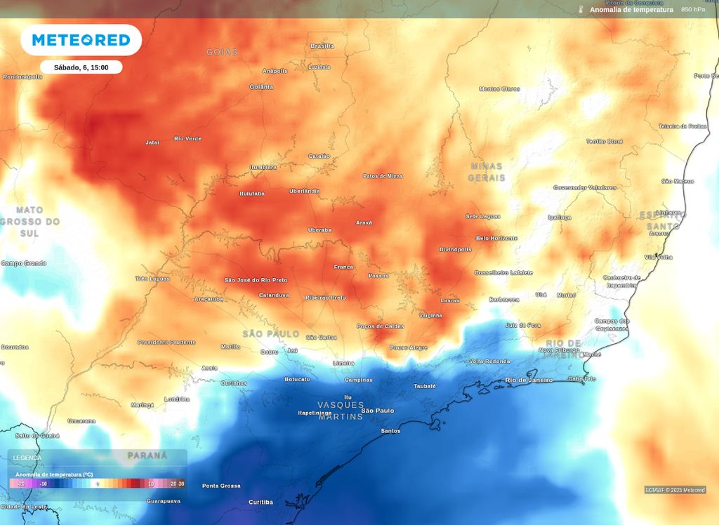 Mapa de anomalia de temperatura em 850 hPa para a tarde de sábado (6).
