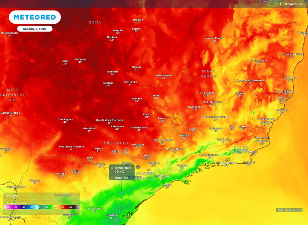 Temperatura prevista para a tarde de sábado (6).