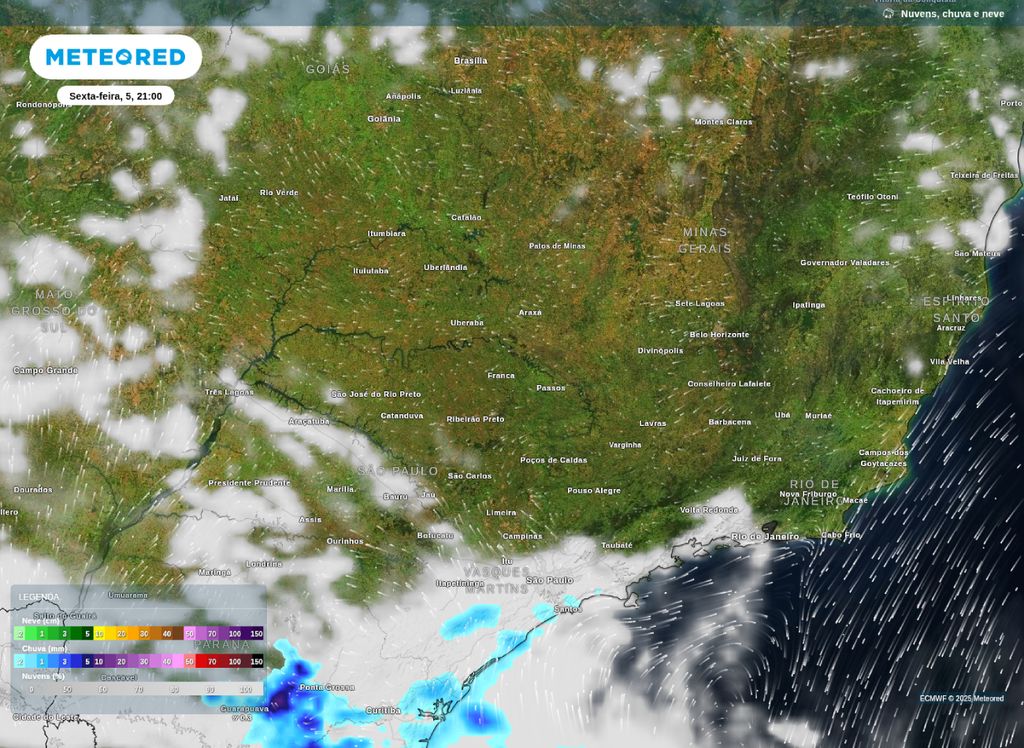 Previsão de nebulosidade e chuva para noite de sexta-feira (5).