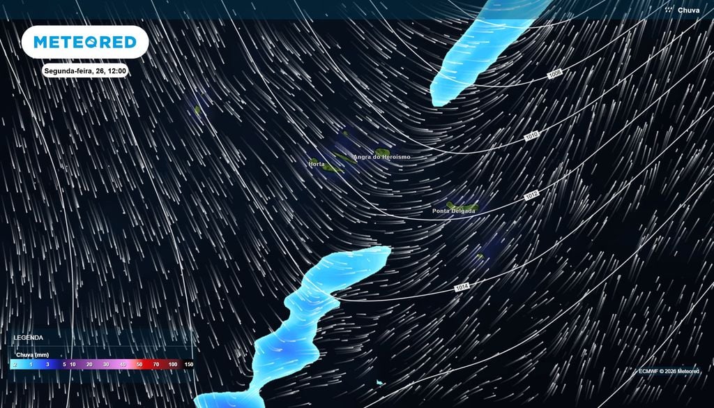 Frente fria prossegue para leste durante a manhã de segunda-feira Distribuição prevista da precipitação às 12h de segunda-feira, com a faixa frontal a deslocar-se para o Grupo Oriental e para leste do arquipélago.