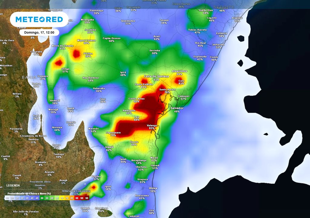 Previsão de probabilidade de chuva no domingo durante a tarde. Previsão de probabilidade de chuva no domingo durante a tarde.