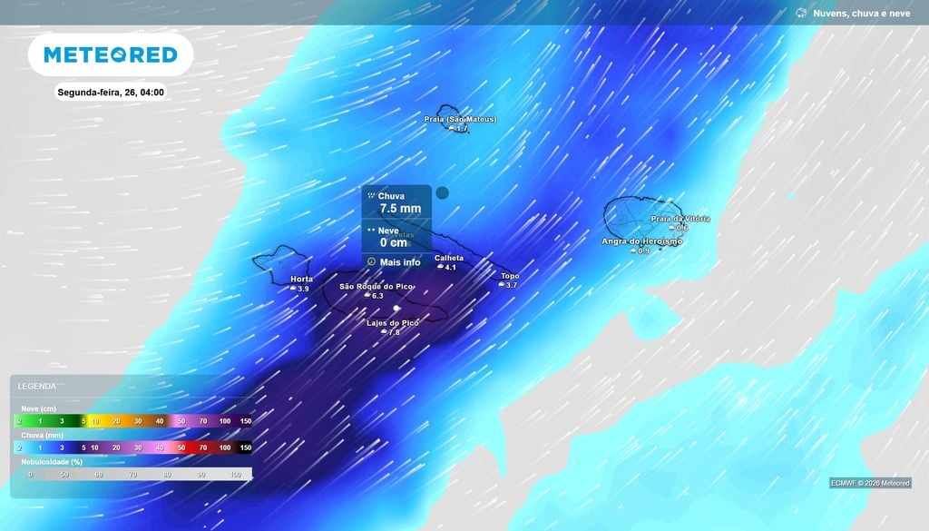 Chuva intensifica-se no Grupo Central durante a madrugada de segunda-feira O ECMWF prevê precipitação mais intensa em algumas ilhas do Grupo Central pelas 04h de segunda-feira, com valores próximos de 5 a 10 mm, por hora, em zonas do Pico, São Jorge e Faial.