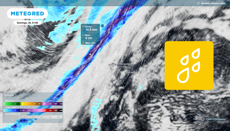 Frente fria chega domingo aos A&ccedil;ores: chuva intensifica-se no Grupo Ocidental a partir das 20h