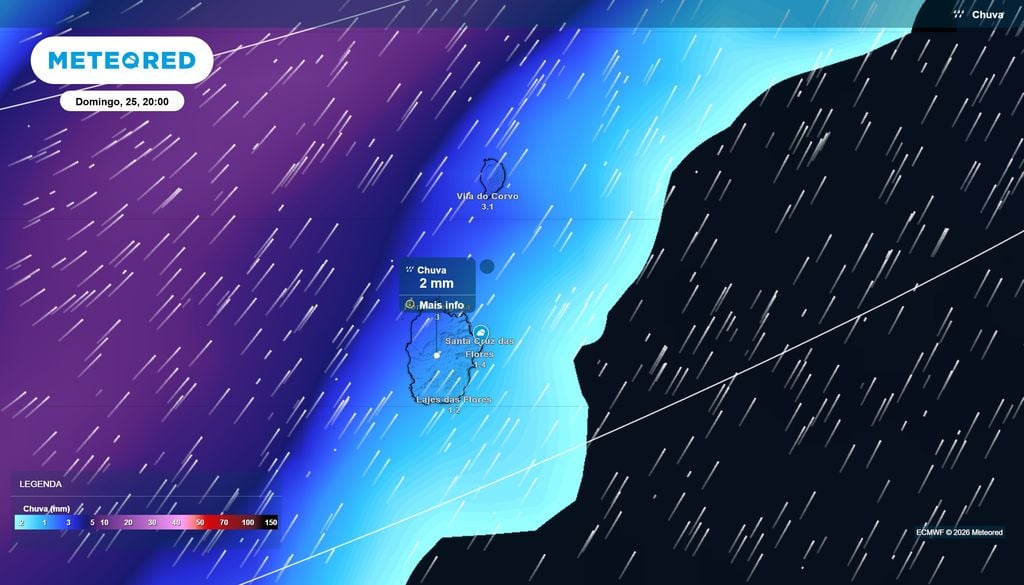 Frente fria aproxima-se do Grupo Ocidental dos Açores O ECMWF prevê o início da intensificação da precipitação nas Flores e no Corvo pelas 20h de domingo, com valores localizados próximos de 2 a 3 mm.