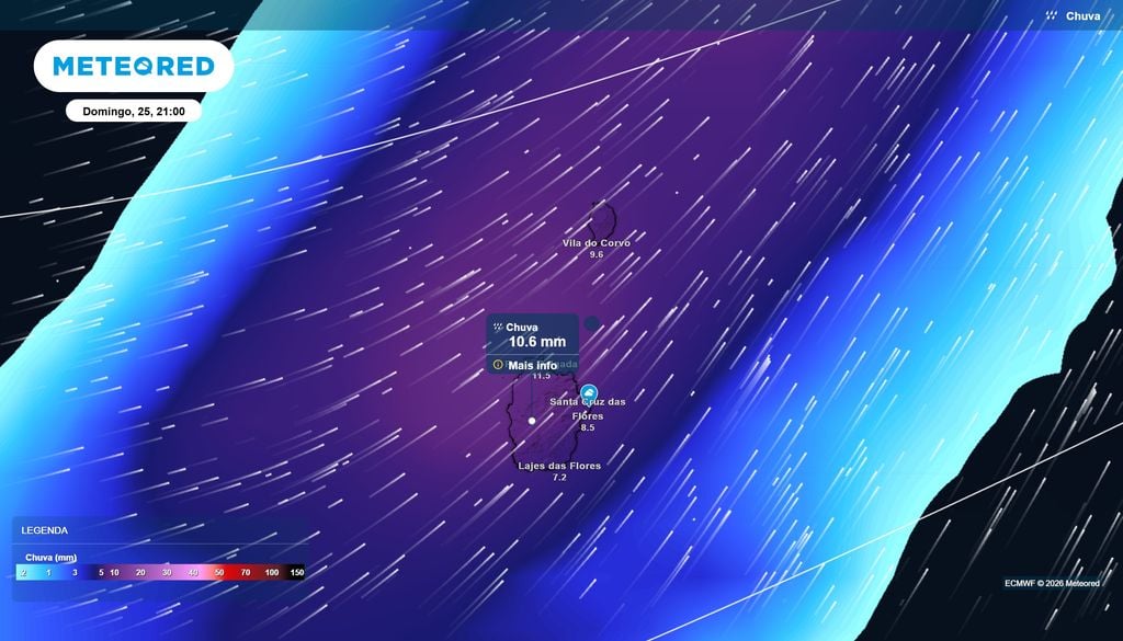 Chuva intensifica-se nas Flores e no Corvo durante a noite Pelas 21h, a previsão do ECMWF aponta para quantidades próximas de 10 a 12 mm em algumas zonas das Flores e de 10 mm no Corvo, no intervalo representado.