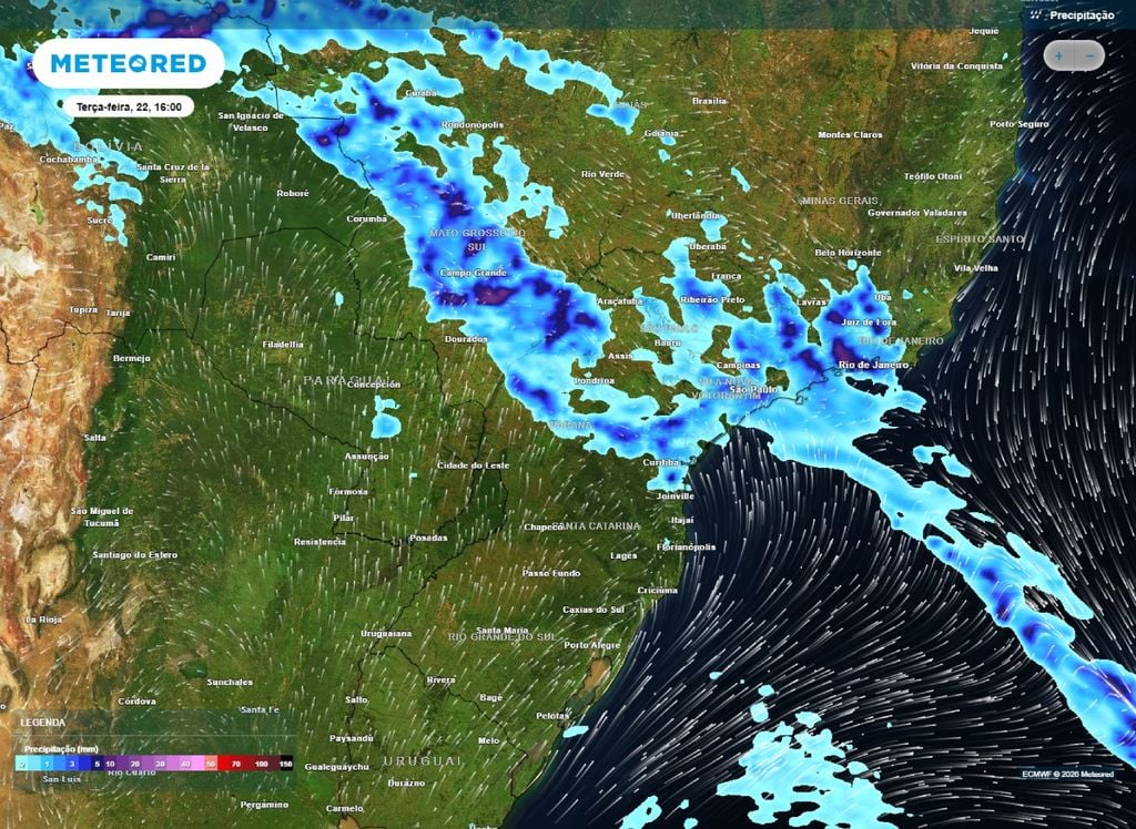 Previsão de precipitação para a tarde desta terça-feira (22) sobre o Centro-Sul do Brasil.