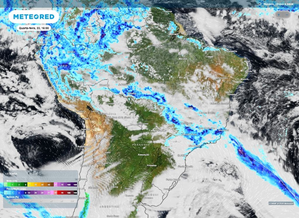 Previsão de precipitação e nebulosidade para a tarde de quarta-feira (23), primeiro dia da primavera.