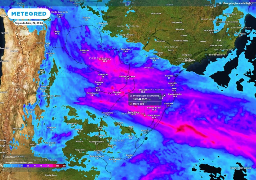 Mapa de chuva acumulada até o final da noite de domingo (26). Mapa mostra áreas pontuais do RS com acumulados que superam os 100 mm.