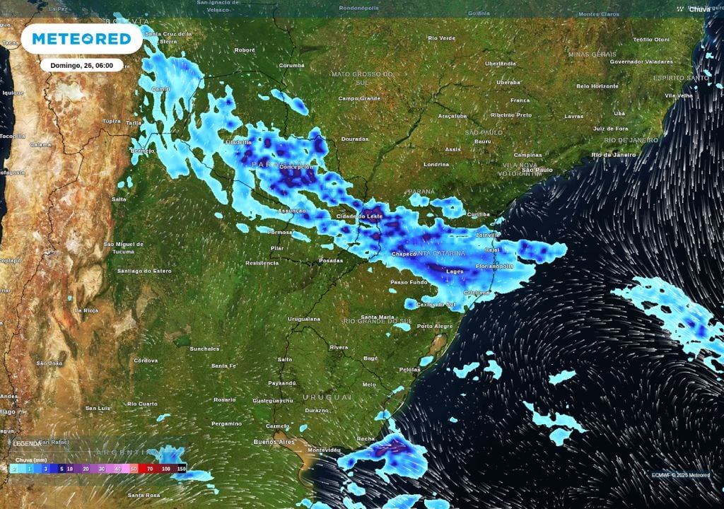 Chuva prevista para a manhã deste domingo (26) sobre SC e sudoeste do PR.