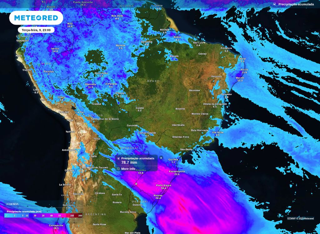 Precipitação acumulada prevista entre segunda (8) e terça-feira (9).