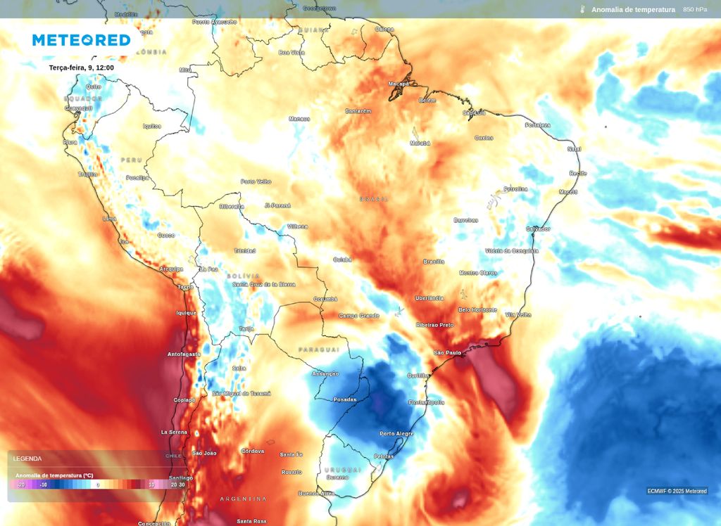 Anomalia de temperatura em 850 hPa para esta terça-feira (9).