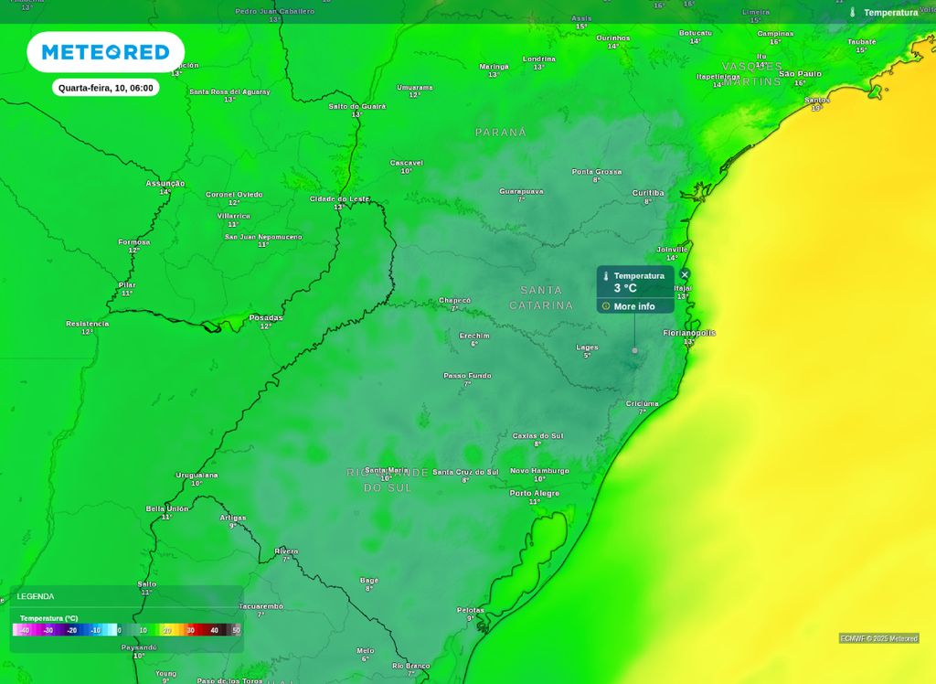 Temperatura mínima prevista para a manhã de quarta-feira (10).