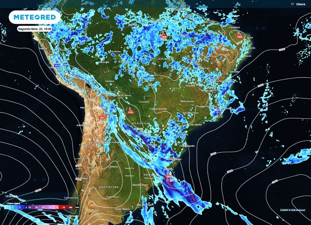 Previsão de chuva e pressão para a tarde da segunda-feira, 23 de março. Baixa pressão em evidência no Sul do Brasil.